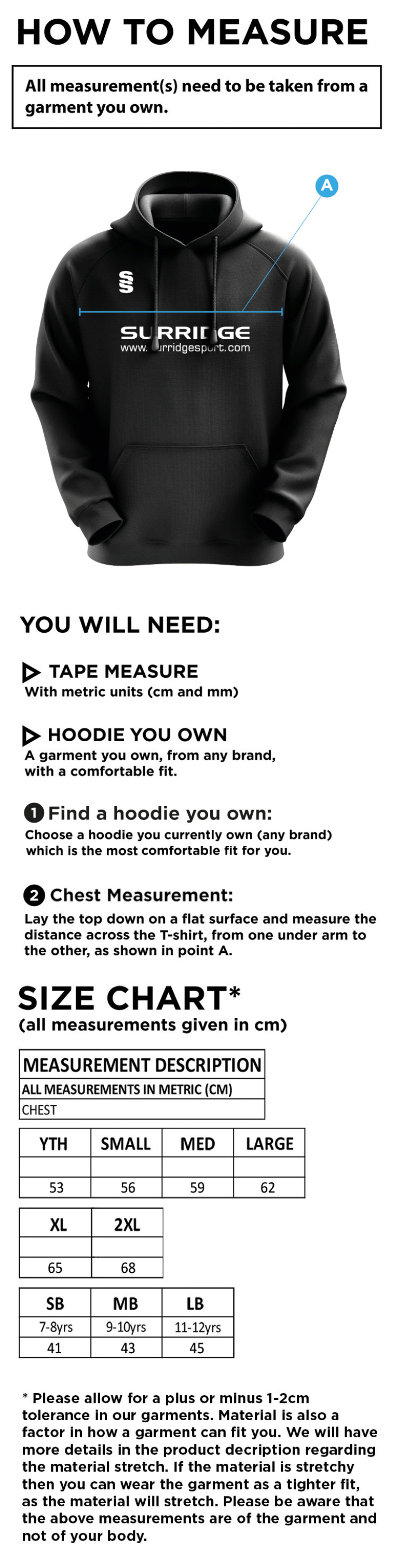 Excel Activity Group Hoody Navy/Royal/White - Size Guide