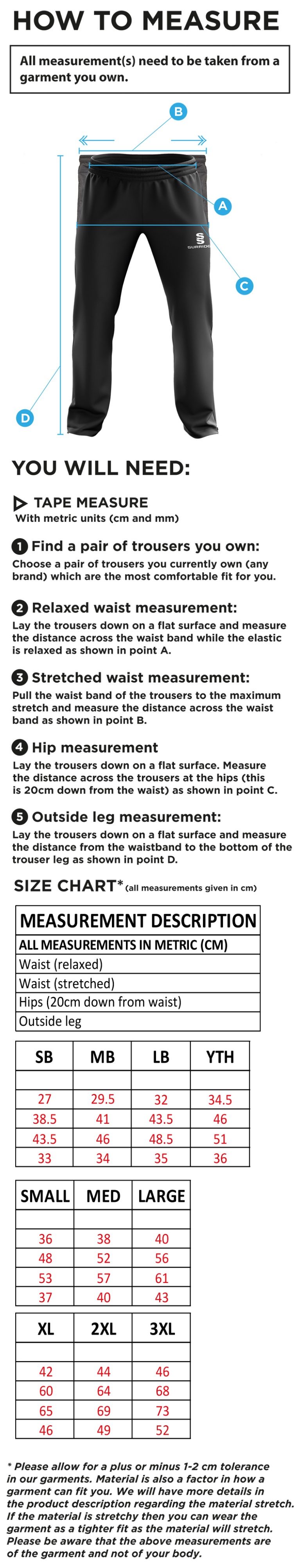 Excel Activity Group Ripstop Track Pant Navy - Size Guide