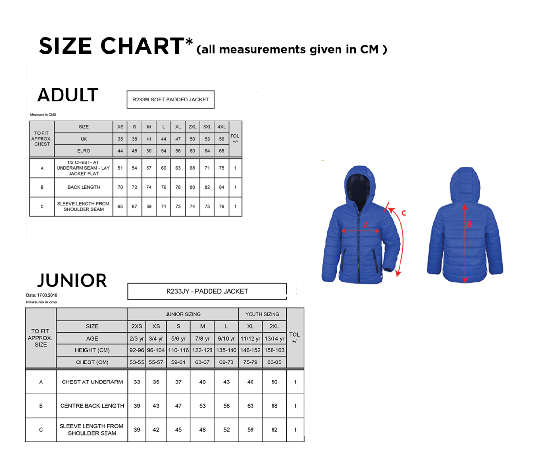 Excel Activity Group Supersoft Padded Jacket - Black - Size Guide