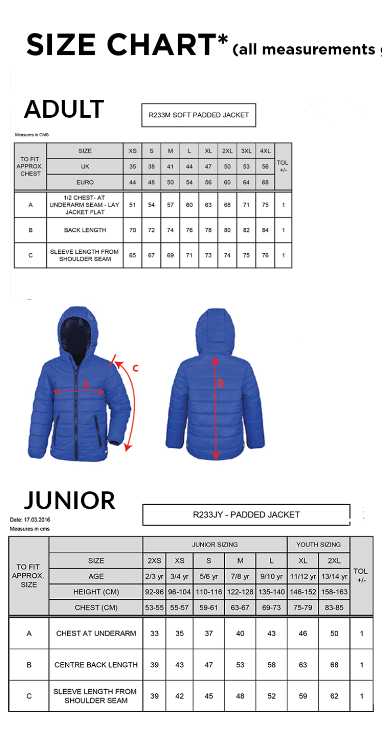 Excel Activity Group Supersoft Padded Jacket - Black - Size Guide