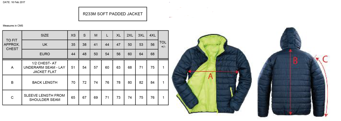 Excel Activity Group Supersoft Padded Jacket - Navy - Size Guide