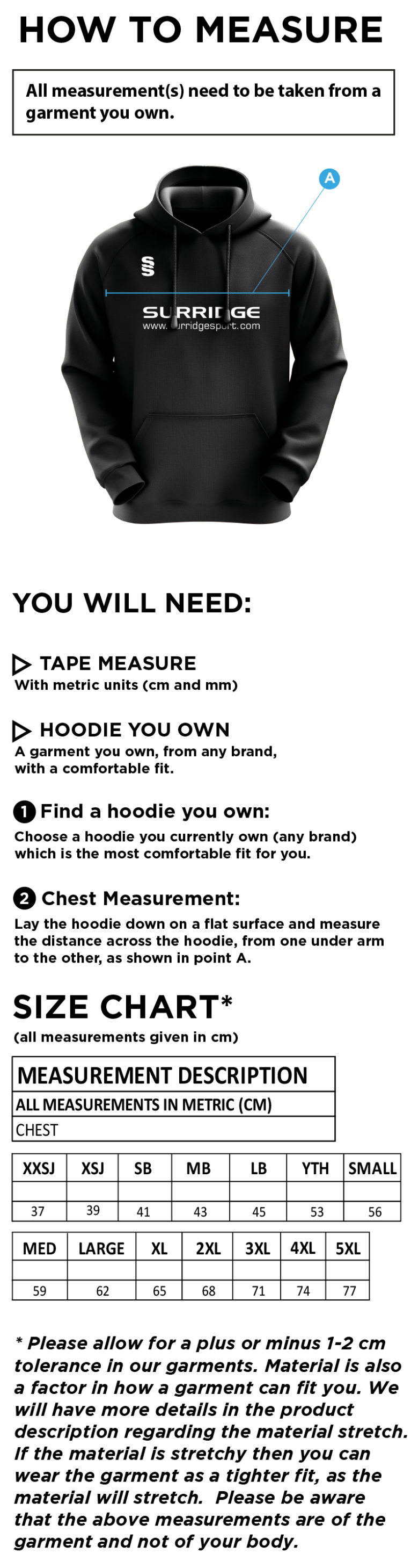 Excel Activity Group Hoody Navy/White - Size Guide