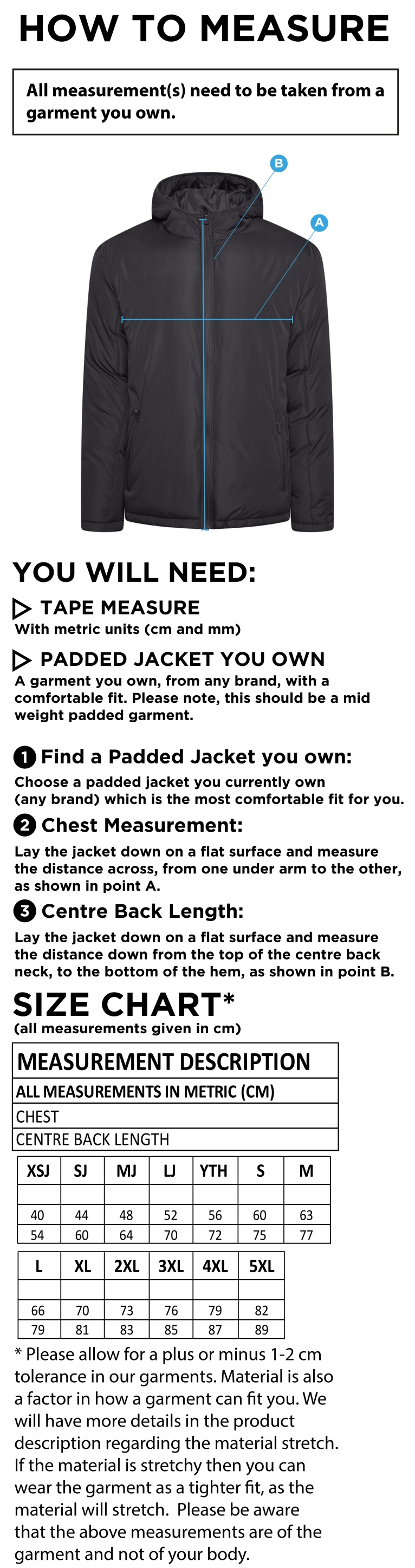 Excel Activity Group CT Padded Jacket - Navy - Size Guide