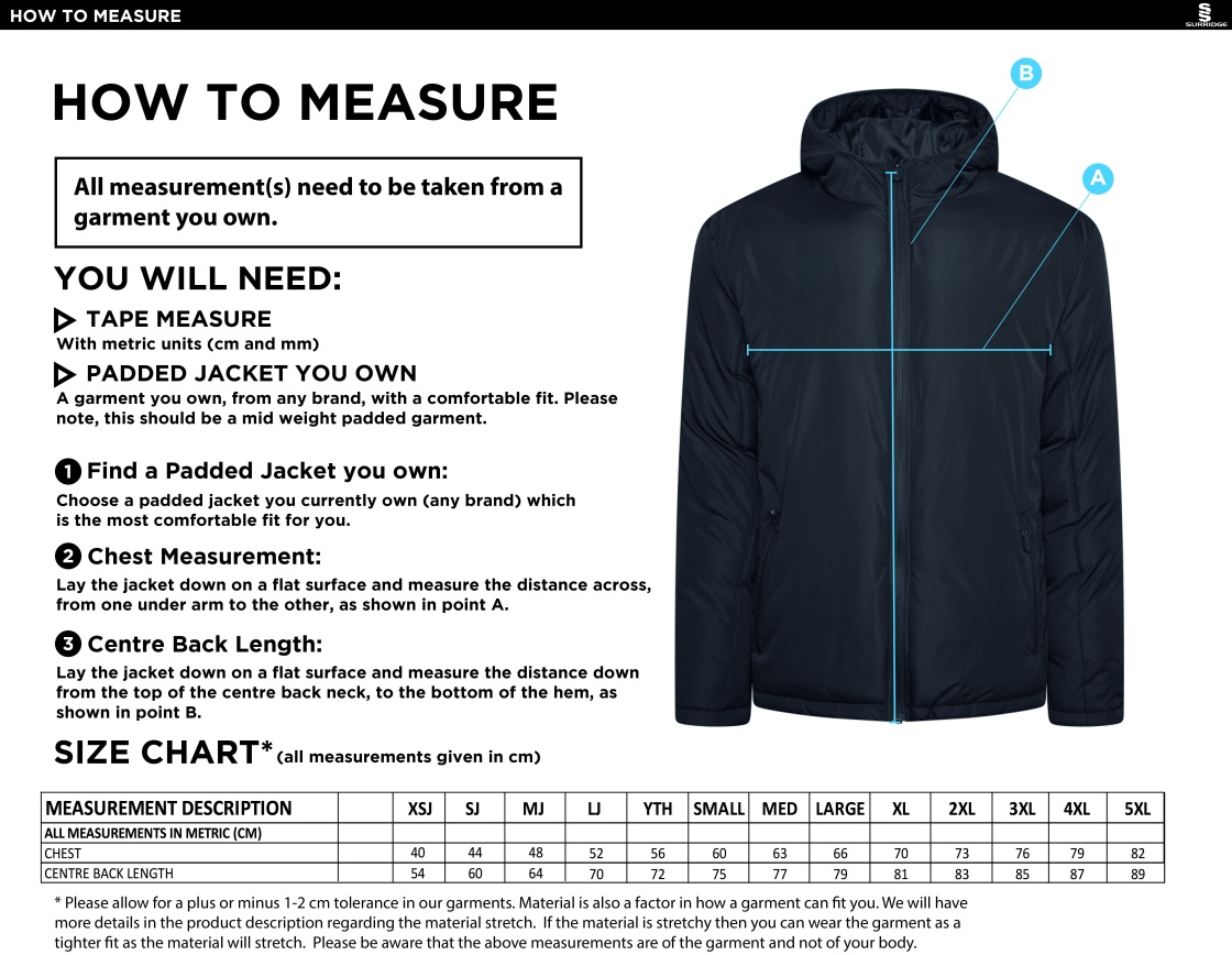 Excel Activity Group CT Padded Jacket - Navy - Size Guide