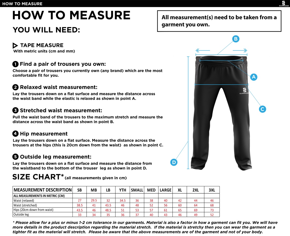 Excel Activity Group Ripstop Track Pant Navy - Size Guide